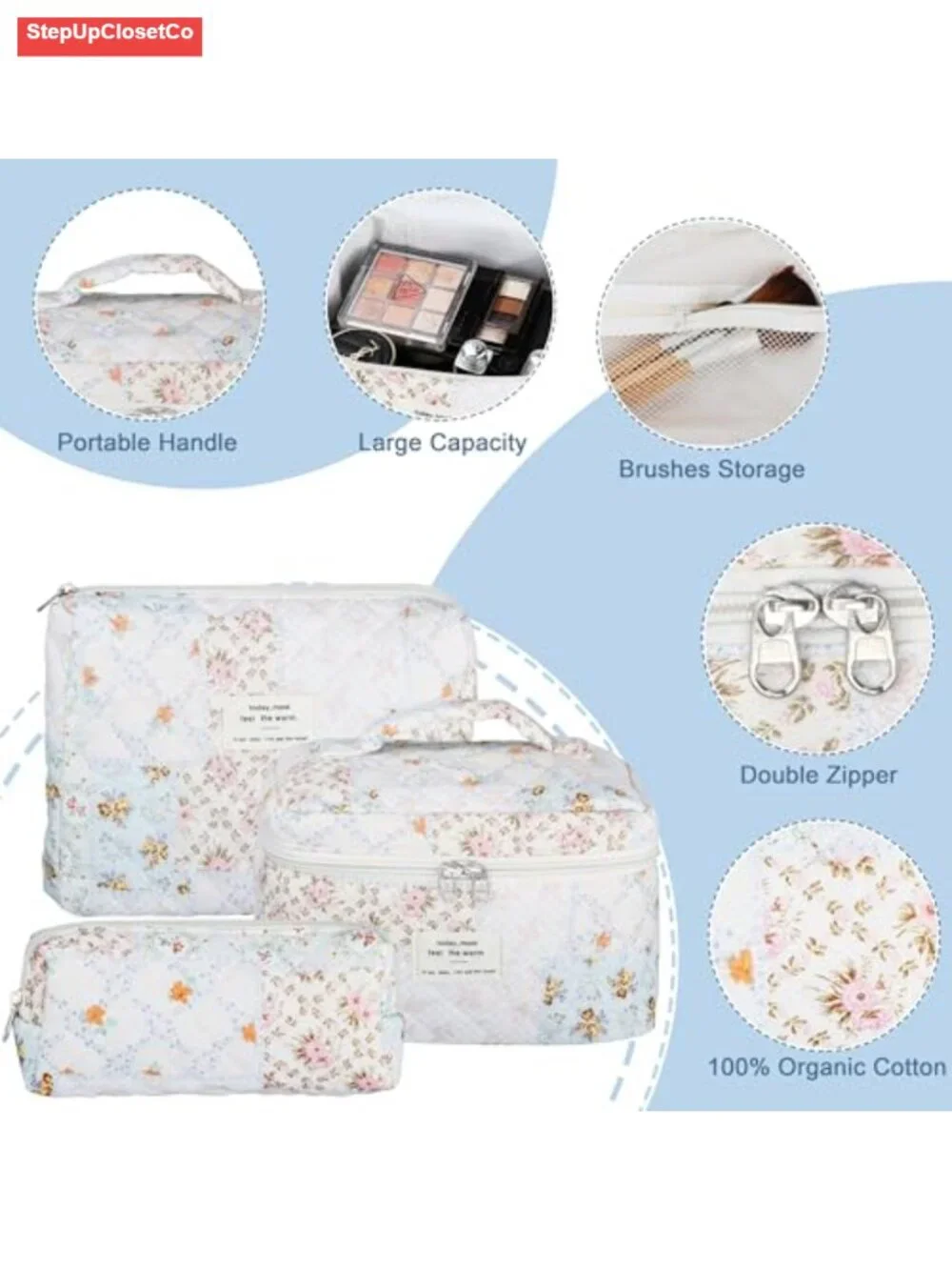Quilted Cotton Makeup Bag Set - Floral Cosmetic Organizer for Travel